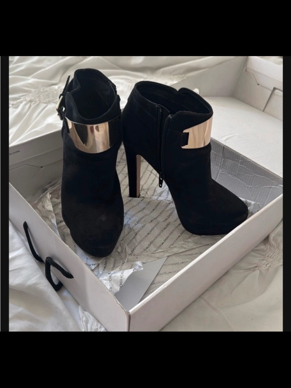 ALDO Black Suede Ankle Booties with Gold Cuff